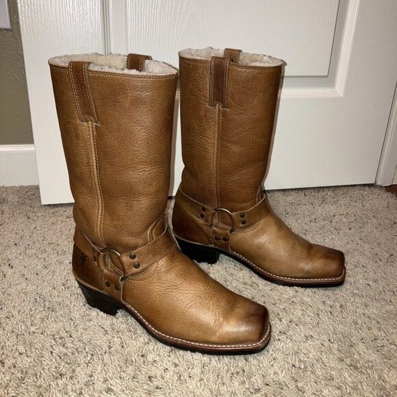 FRYE Harness Boots 12R Square Toe MOTORCYCLE Brown - Sz 9.5 USA Excellent! - Picture 1 of 16